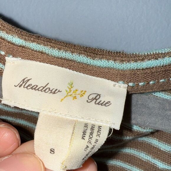 Anthropologie Meadow Rue taupe and teal striped Linen Swing top size Small EUC - Picture 4 of 9